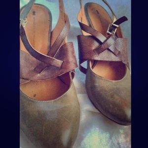 Anthropologie sling back strappy kitten heels.